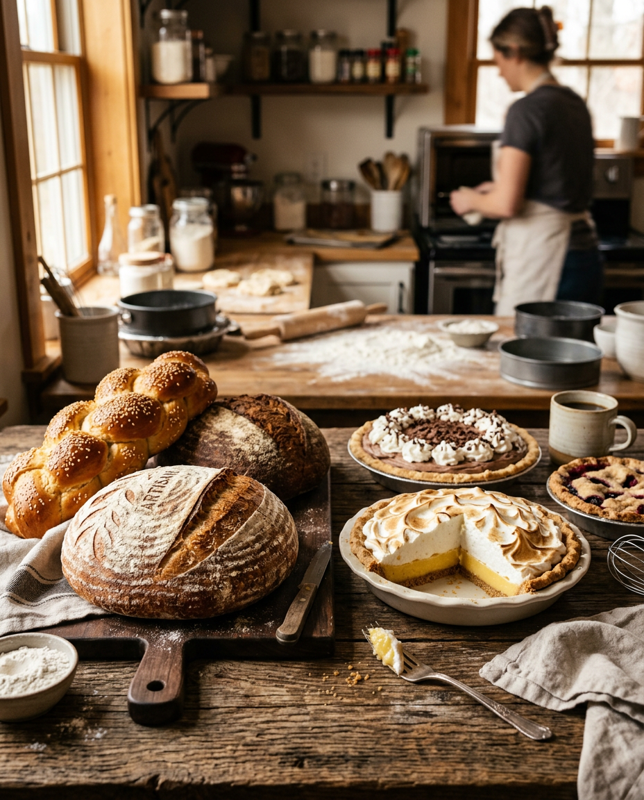 Freshly baked artisan breads and pies on a rustic wooden table