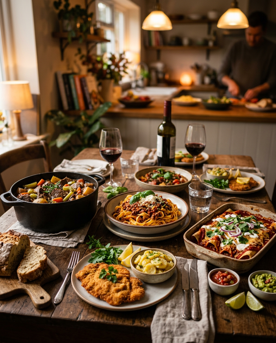 A warm multicultural dinner spread on a home table