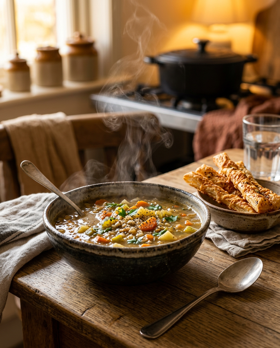 A steaming bowl of homemade soup with cheese straws